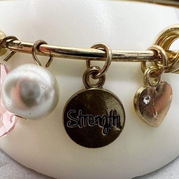 Rhinestone Faux Pearl Heart Strength Charm Beaded Bangle Bracelet - Picture 7 of 12